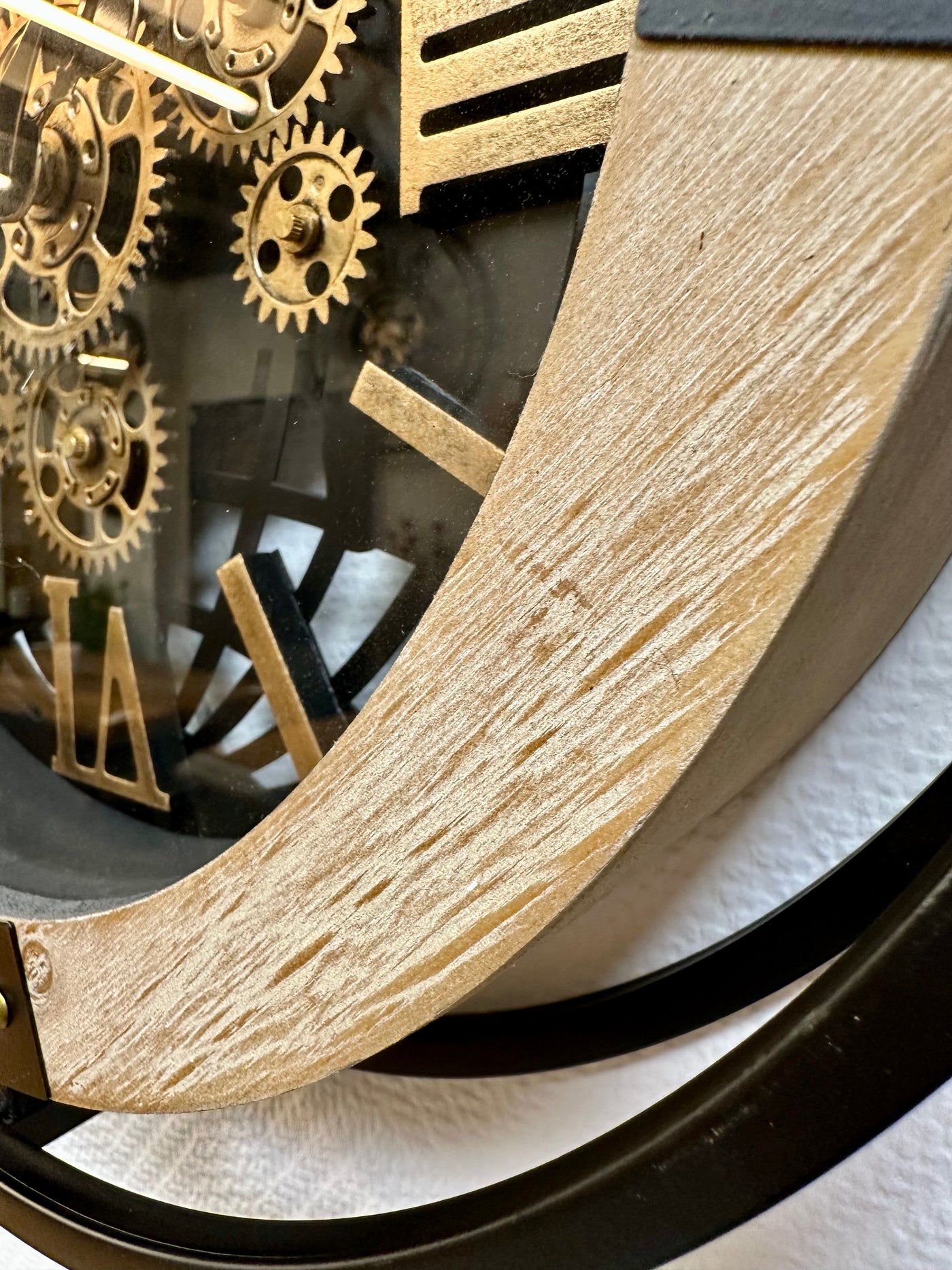 40 cm Wanduhr Kiel Mangoholz weiss geölt schwarz gold Zahnrad Wand Uhr Industrial