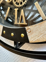40 cm Wanduhr Kiel Mangoholz weiss geölt schwarz gold Zahnrad Wand Uhr Industrial