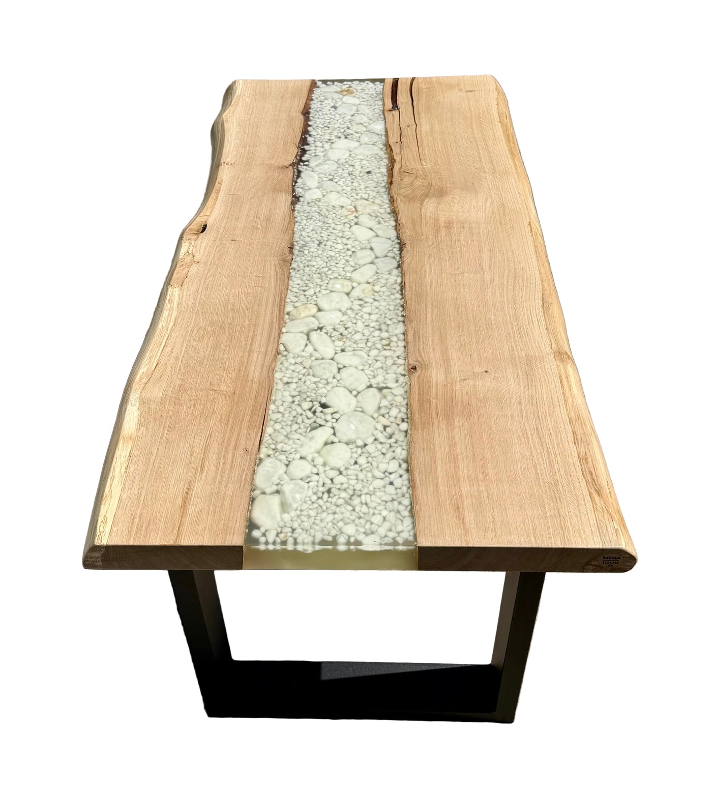 Table basse de rivière en résine époxy Kürten Hêtre massif 110 cm Bois massif huilé avec piètement métallique Spider noir