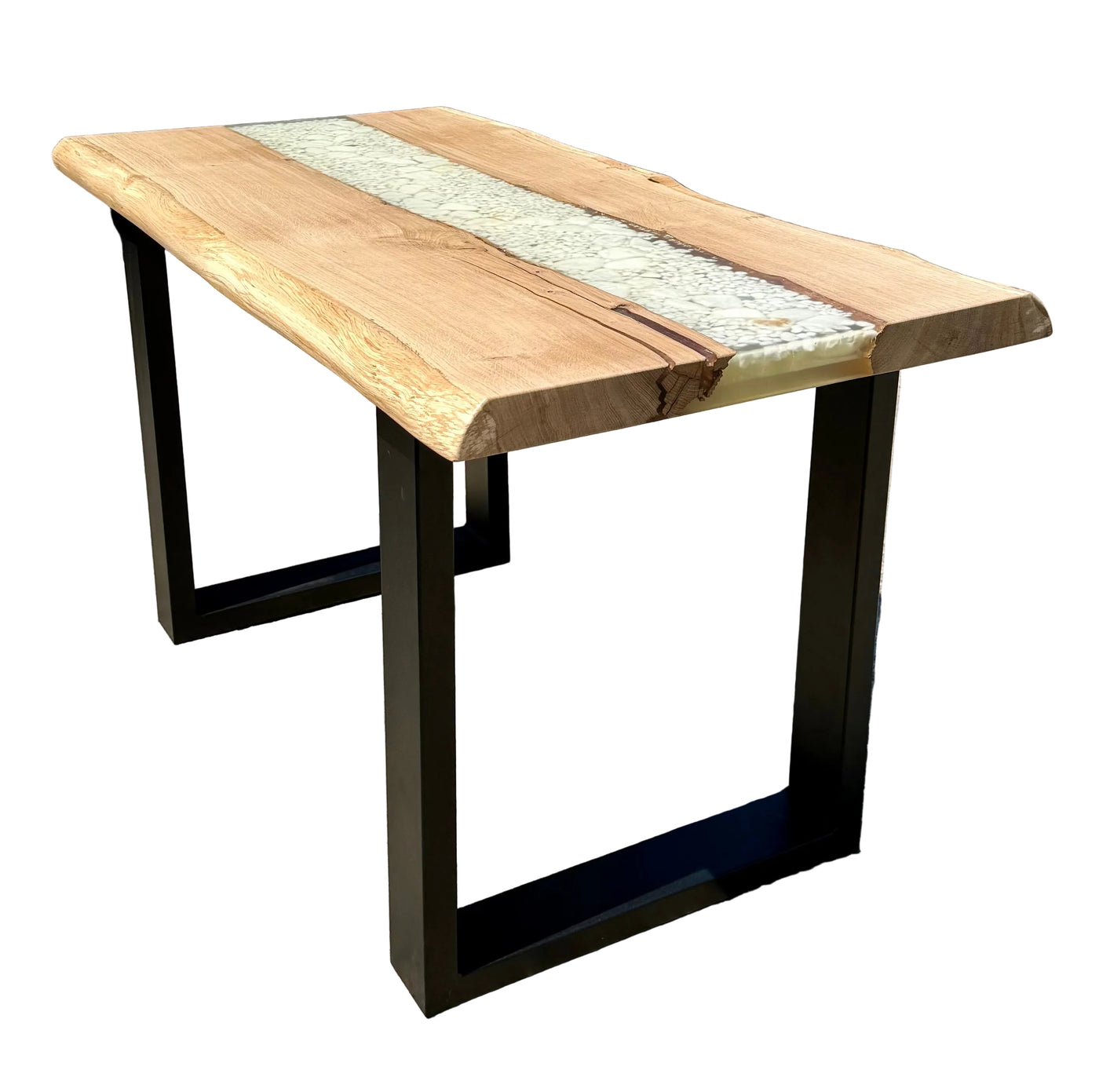 Table basse de rivière en résine époxy Kürten Hêtre massif 110 cm Bois massif huilé avec piètement métallique Spider noir
