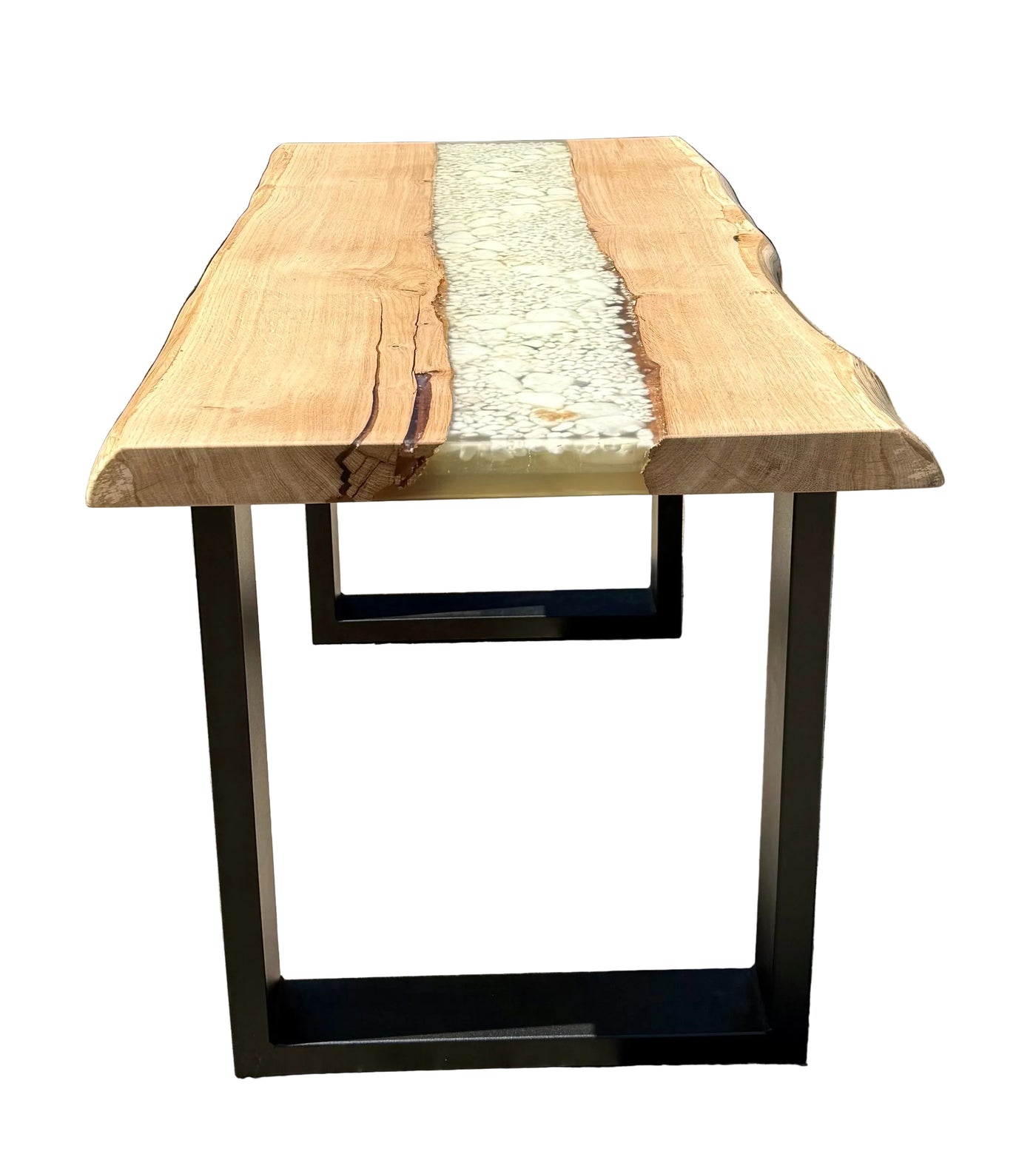 Table basse de rivière en résine époxy Kürten Hêtre massif 110 cm Bois massif huilé avec piètement métallique Spider noir