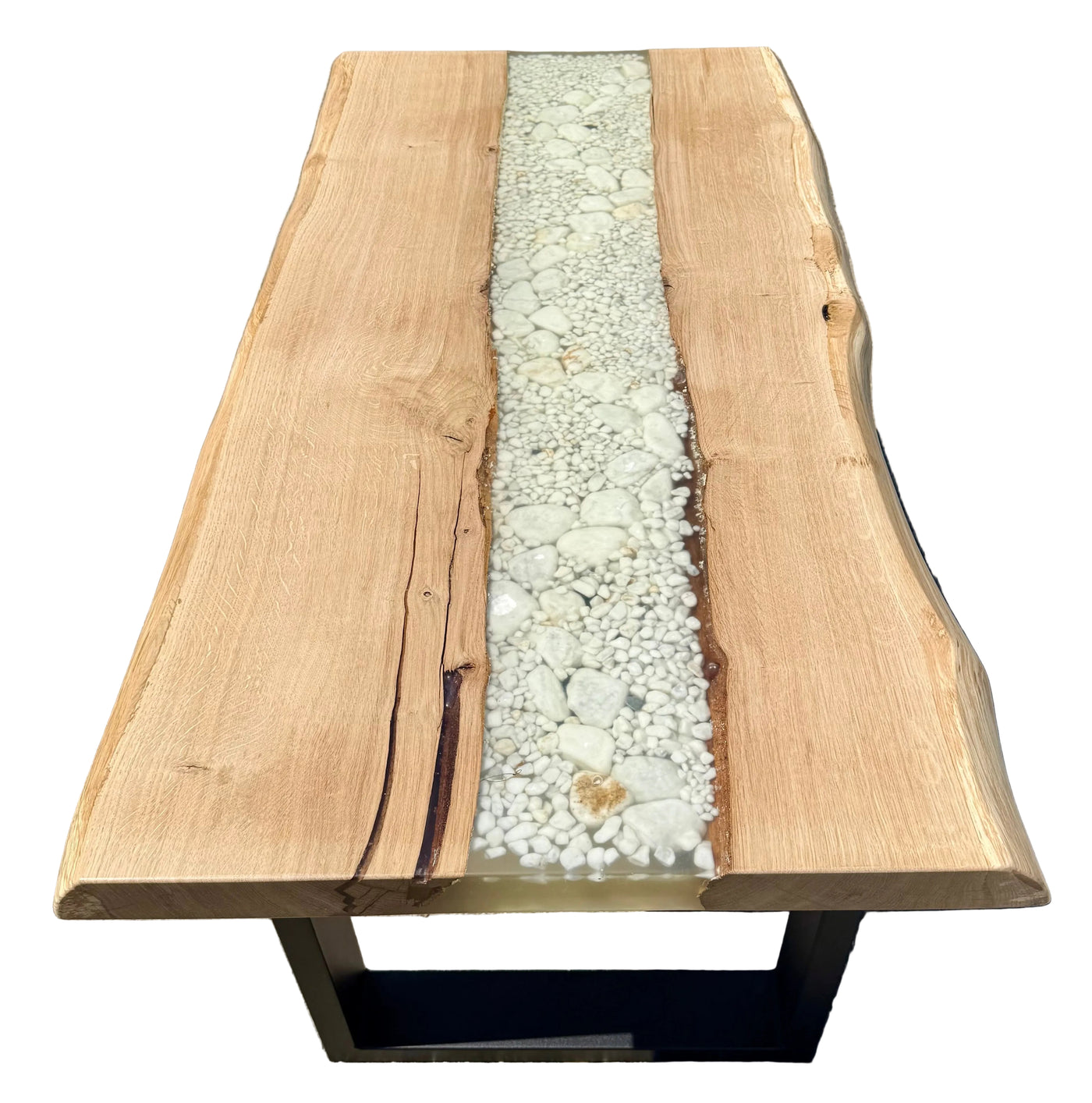 Table basse de rivière en résine époxy Kürten Hêtre massif 110 cm Bois massif huilé avec piètement métallique Spider noir