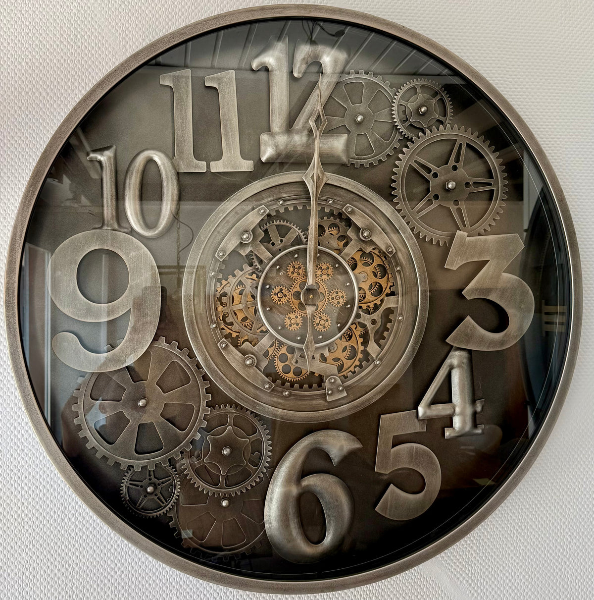 100 cm Bangkok XXL Wanduhr grau silber gold  mit Zahnrädern