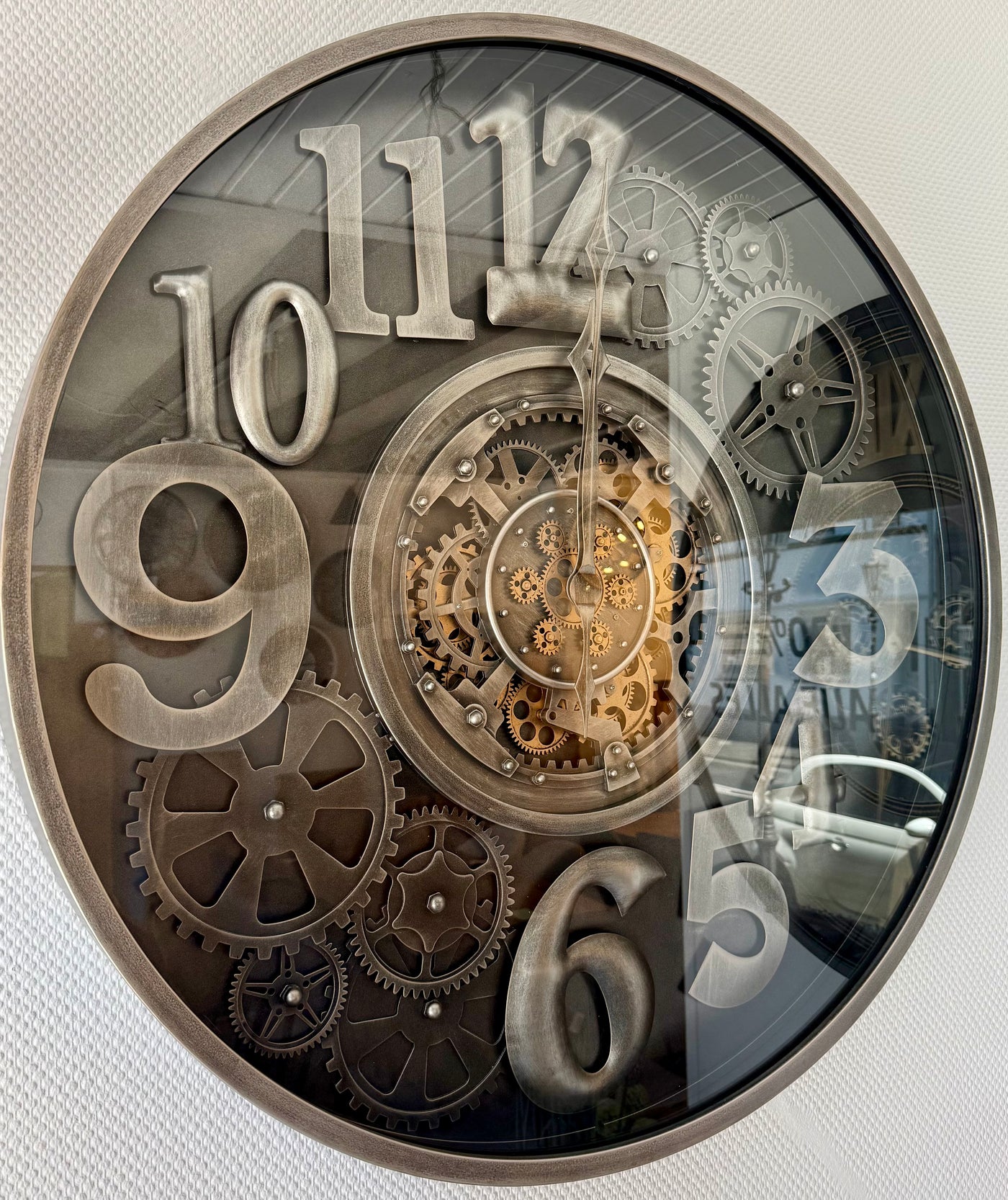 100 cm Bangkok XXL Wanduhr grau silber gold  mit Zahnrädern