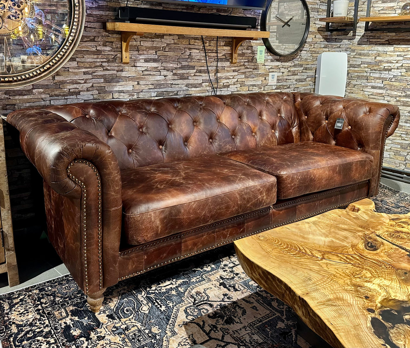 Canapé Chesterfield cuir de chameau marron foncé clair canapé 2,5 places en cuir véritable ciré