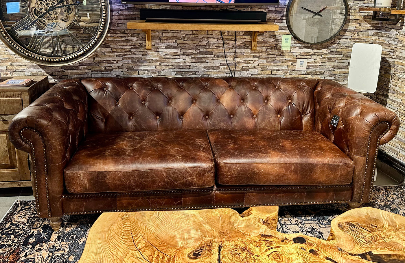 Canapé Chesterfield cuir de chameau marron foncé clair canapé 2,5 places en cuir véritable ciré