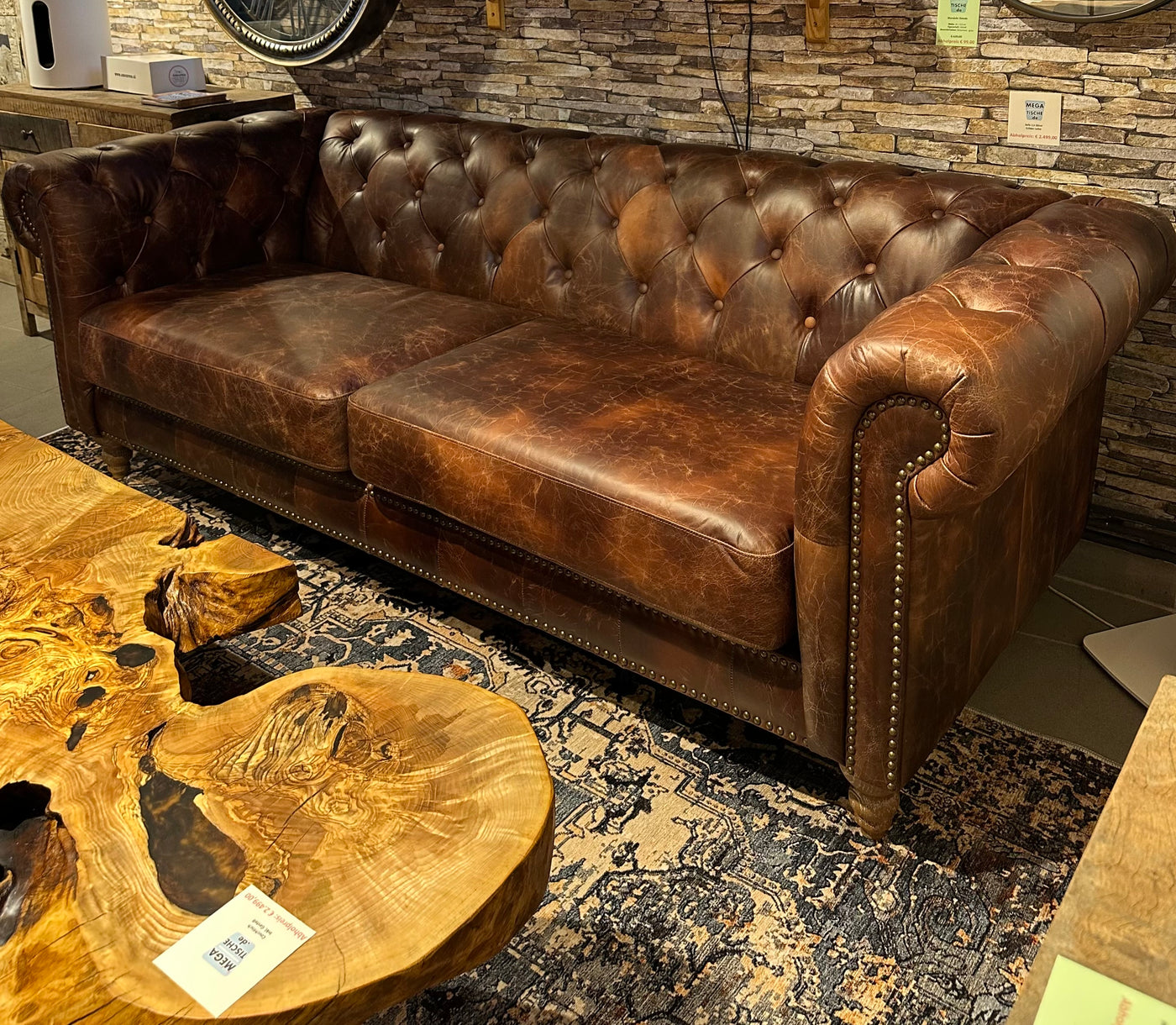 Canapé Chesterfield cuir de chameau marron foncé clair canapé 2,5 places en cuir véritable ciré