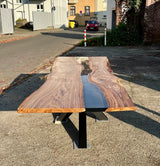 Epoxy Baumstamm Rivertable Esstisch Eiche 300 und 4 cm massiv mit Spider Gestell