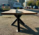 Epoxy Baumstamm Rivertable Esstisch Eiche 300 und 4 cm massiv mit Spider Gestell