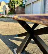 Epoxy Baumstamm Rivertable Esstisch Eiche 300 und 4 cm massiv mit Spider Gestell