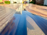 Epoxy Baumstamm Rivertable Esstisch Eiche 300 und 4 cm massiv mit Spider Gestell