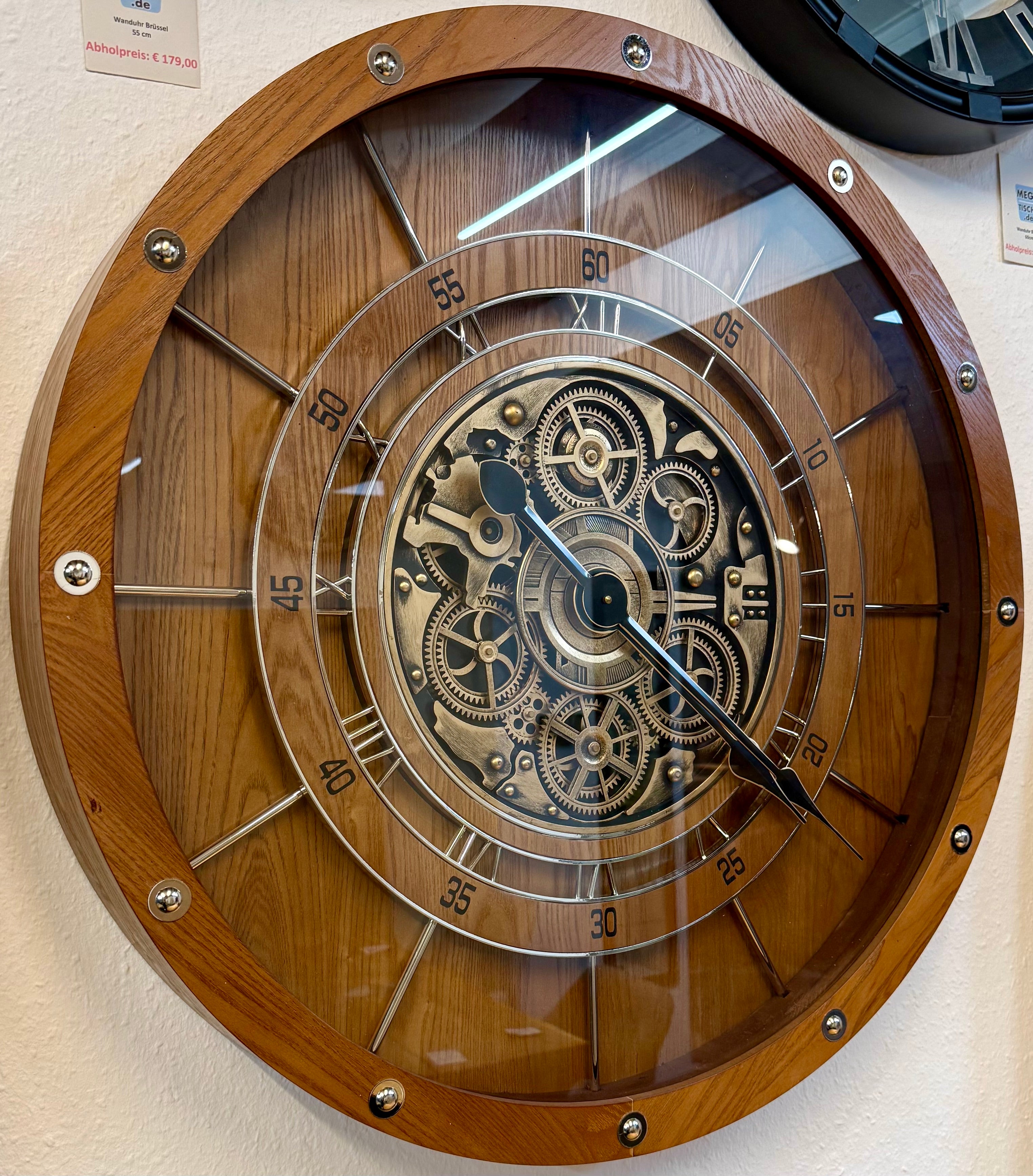 80 cm Zahnrad Wanduhr Bodensee aus Holz dunkelbraun animiert