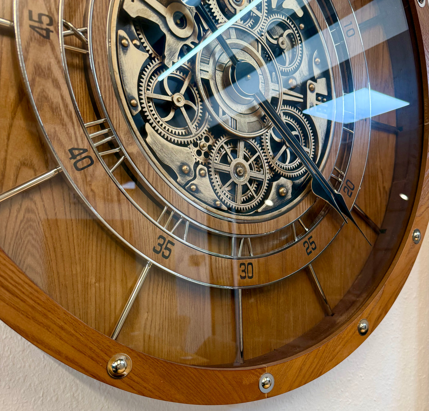 80 cm Zahnrad Wanduhr Bodensee aus Holz dunkelbraun animiert