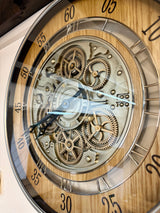 Horloge murale à engrenages 60 cm Düsseldorf chêne bois doré animée chrome