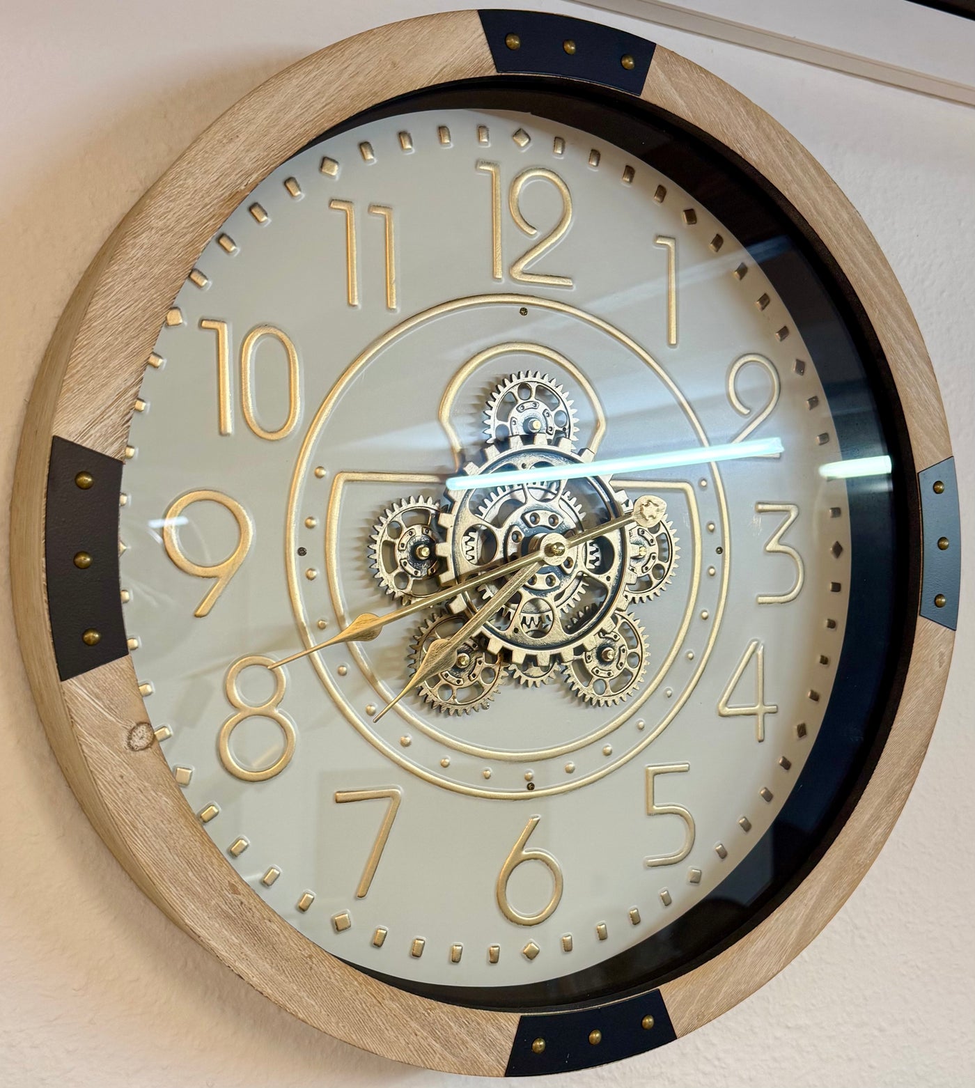 50 cm Wanduhr Essen Mangoholz weiss schwarz gold Zahnrad Wand Uhr Industrial whitewash