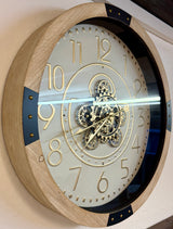 50 cm Wanduhr Essen Mangoholz weiss schwarz gold Zahnrad Wand Uhr Industrial whitewash
