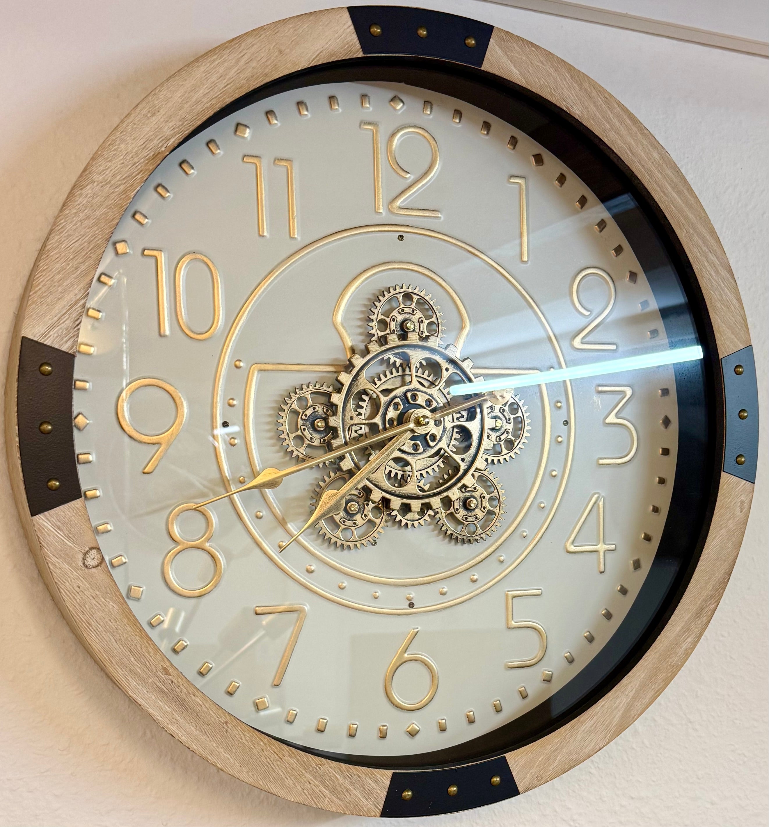 50 cm Wanduhr Essen Mangoholz weiss schwarz gold Zahnrad Wand Uhr Industrial whitewash