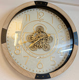 50 cm Wanduhr Essen Mangoholz weiss schwarz gold Zahnrad Wand Uhr Industrial whitewash