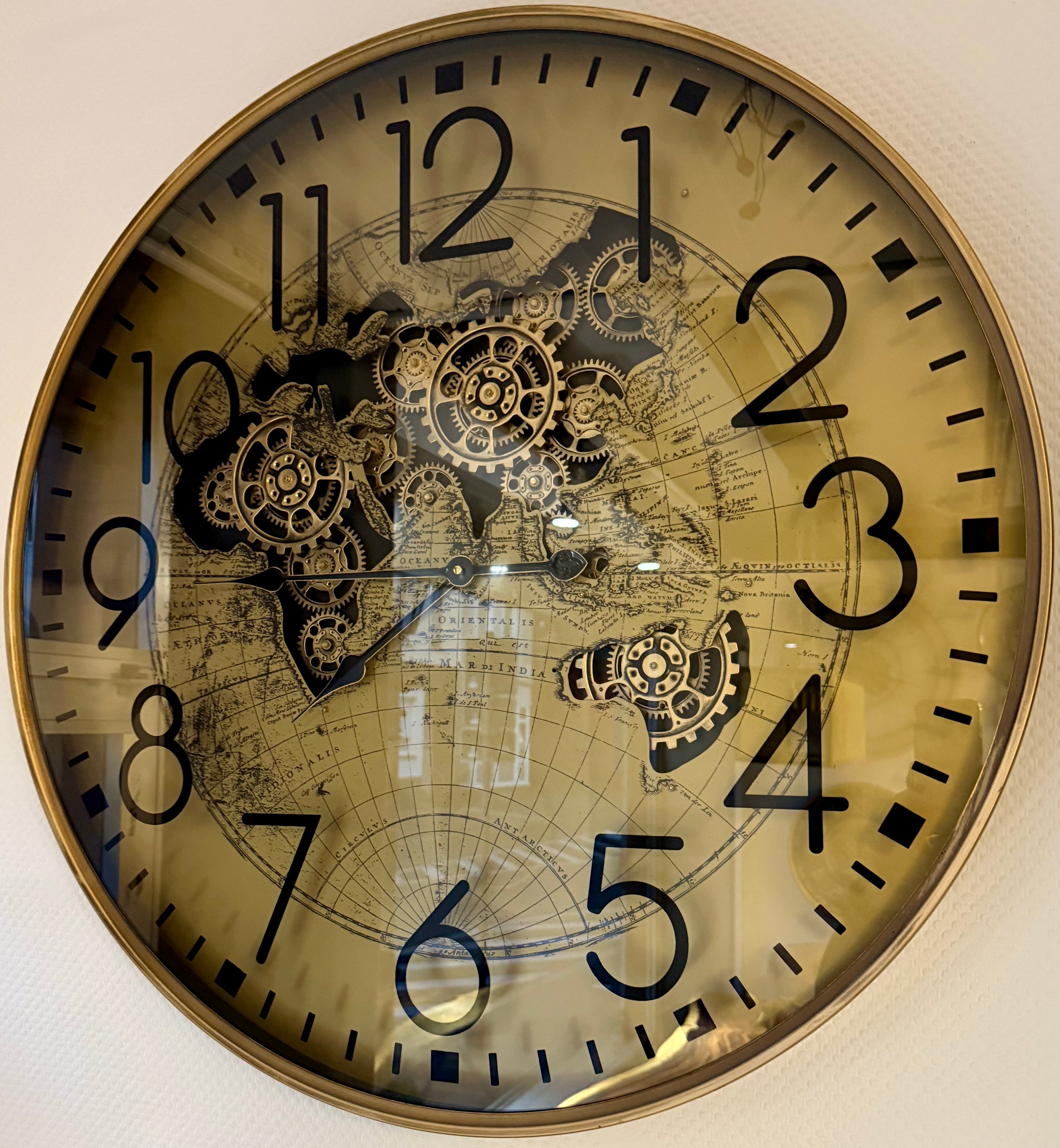 Goldene Welt Zahnrad Wanduhr 80 cm braun animiert drehend