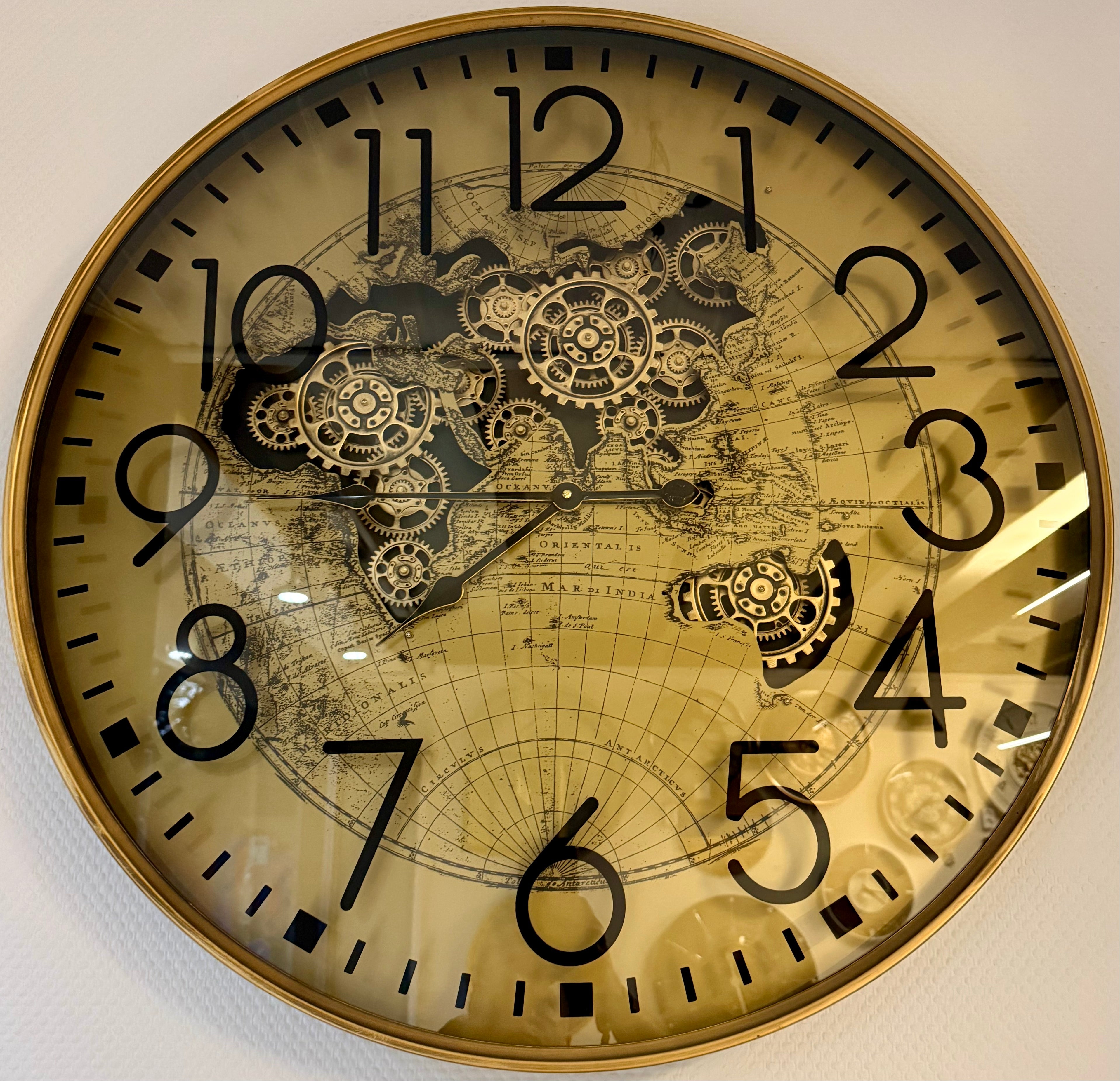 Goldene Welt Zahnrad Wanduhr 80 cm braun animiert drehend