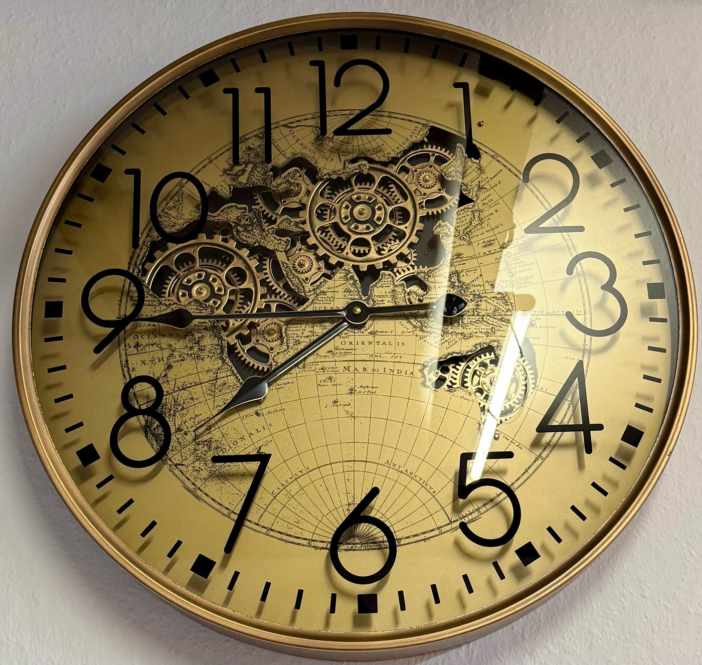 Goldene Welt Zahnrad Wanduhr 60 cm braun animiert drehend