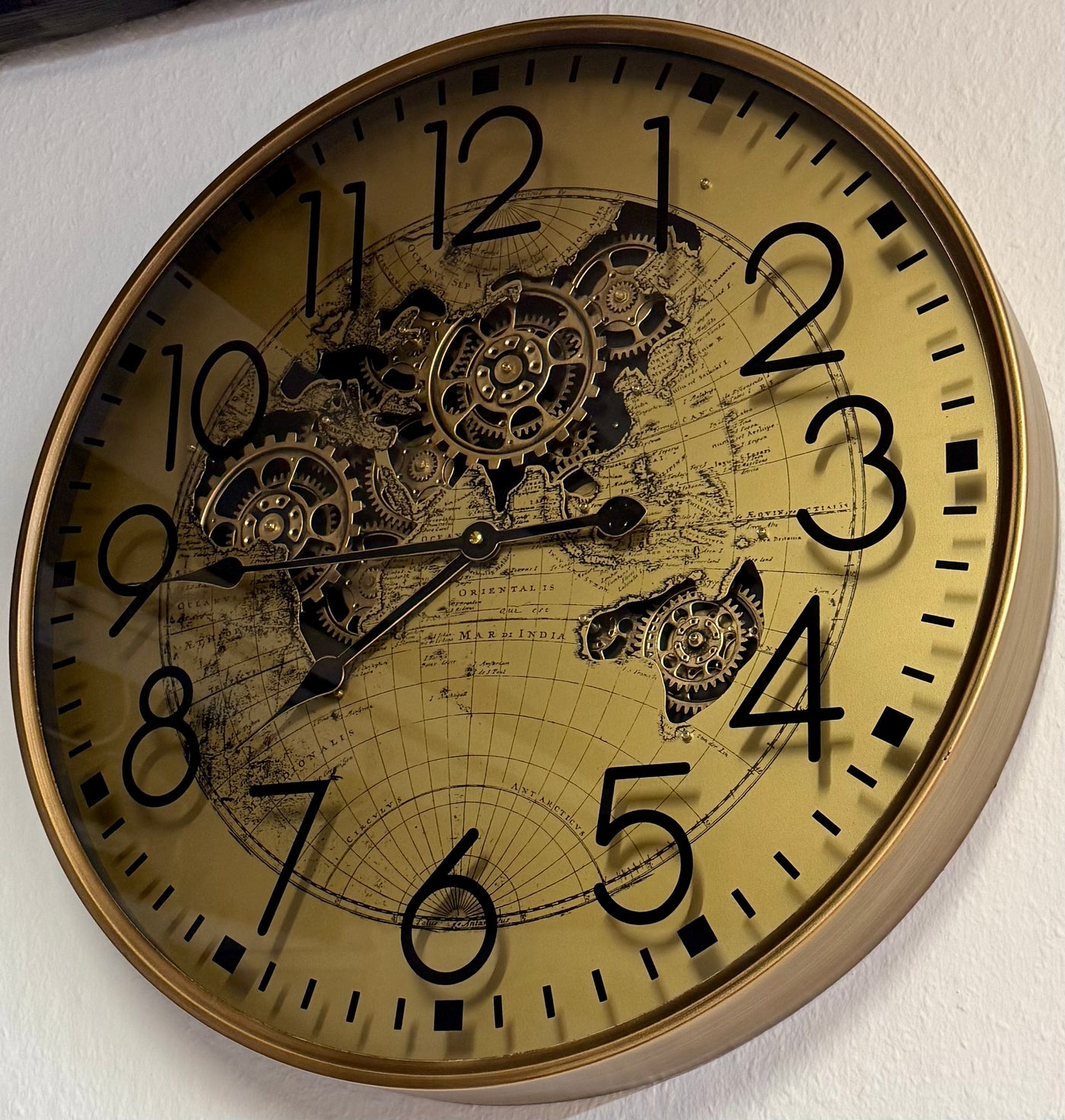 Goldene Welt Zahnrad Wanduhr 60 cm braun animiert drehend