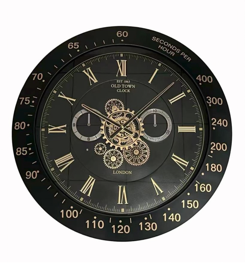 Horloge murale Leeds 59 cm, mécanisme à engrenages, animation argentée, grise
