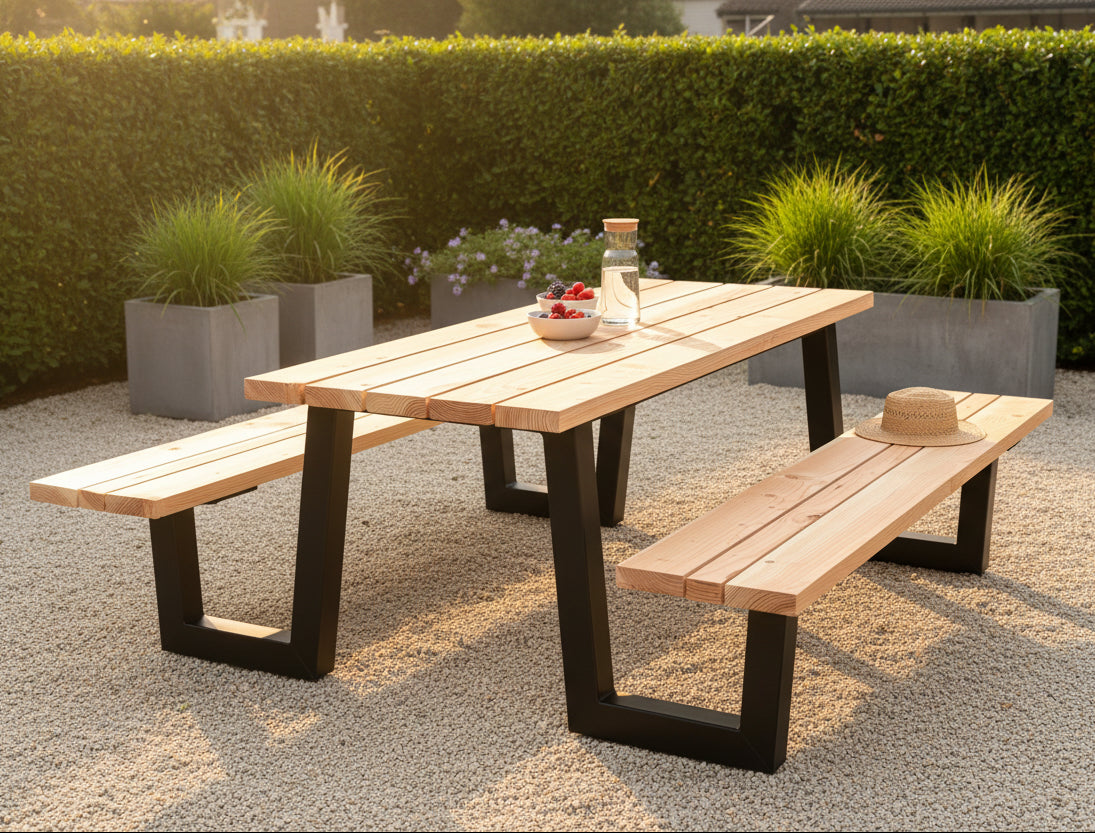 Metall Douglasie Picknick Tisch Outdoor W Gestell Schwarz pulverbeschichtet verzinkt 9 Größen ab 180 bis 400 cm