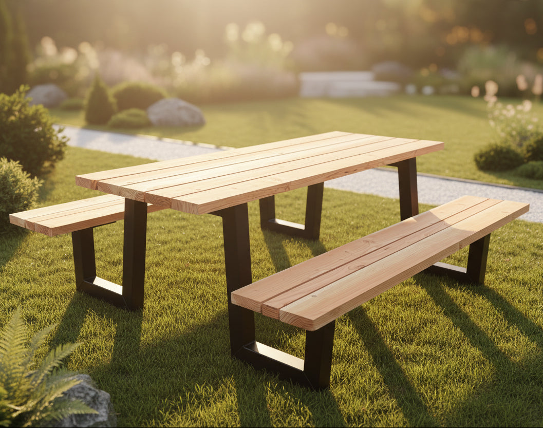 Metall Douglasie Picknick Tisch Outdoor W Gestell Schwarz pulverbeschichtet verzinkt 9 Größen ab 180 bis 400 cm
