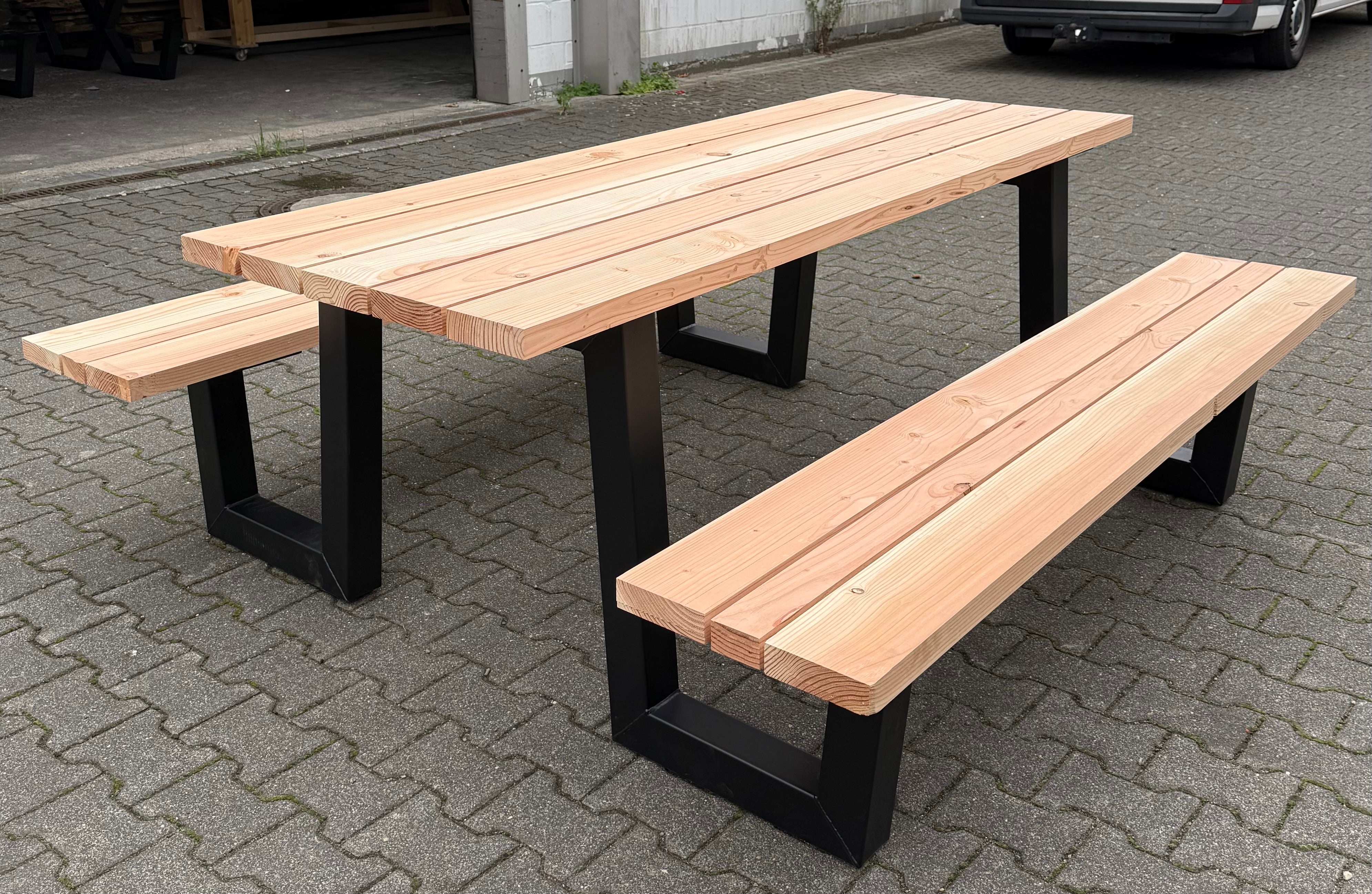 Metall Douglasie Picknick Tisch Outdoor W Gestell Schwarz pulverbeschichtet verzinkt 9 Größen ab 180 bis 400 cm