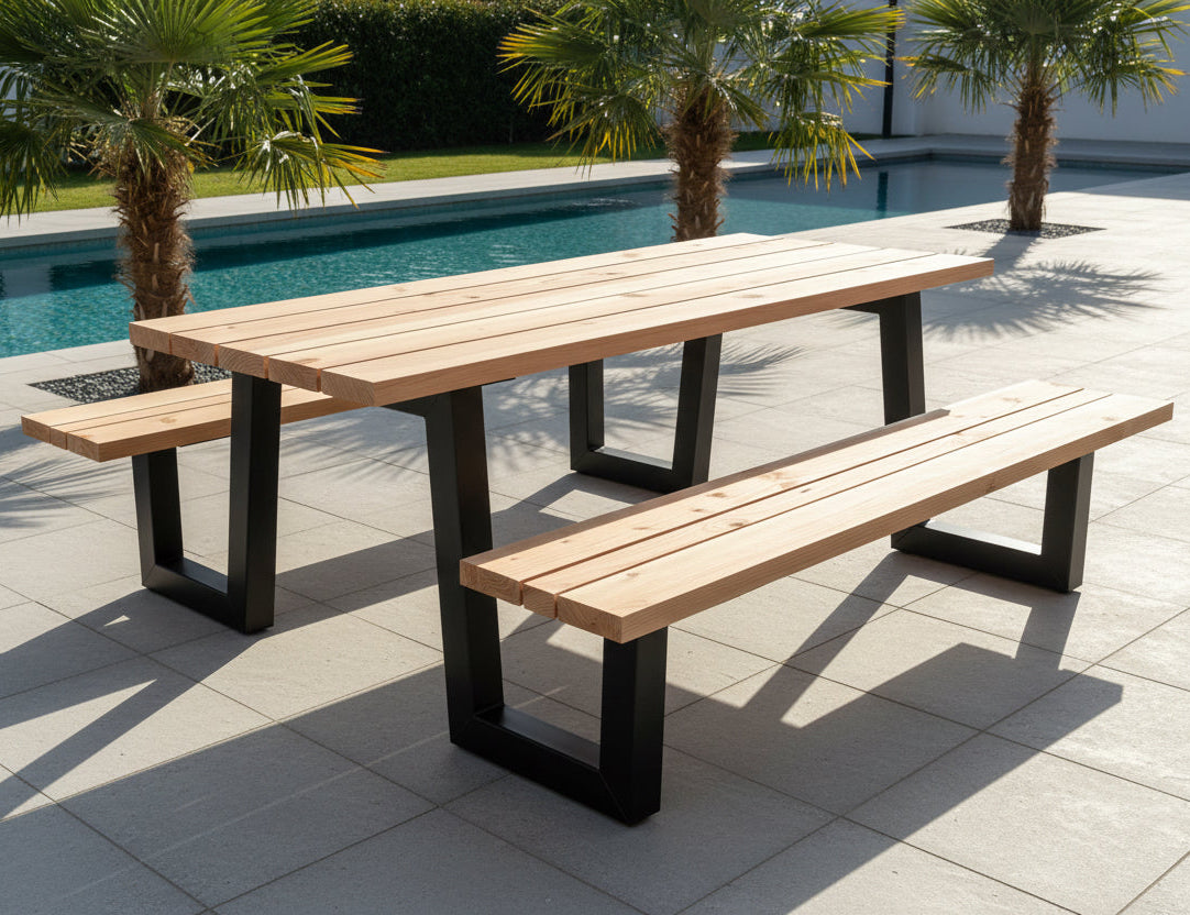 Metall Douglasie Picknick Tisch Outdoor W Gestell Schwarz pulverbeschichtet verzinkt 9 Größen ab 180 bis 400 cm