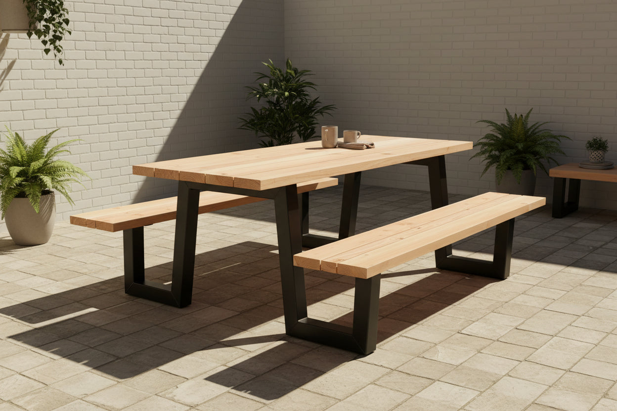 Metall Douglasie Picknick Tisch Outdoor W Gestell Schwarz pulverbeschichtet verzinkt 9 Größen ab 180 bis 400 cm