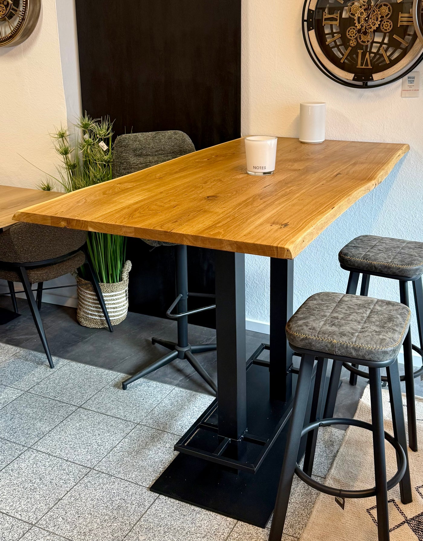 Table de bar Düsseldorf chêne massif pur 160 à 240 cm, épaisseur 3 cm, bois huilé avec pied colonne en métal noir, 5 tailles