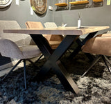 Baumkante Esstisch Stockholm Eiche massiv 180 bis 300 cm in 4 cm Holz weiß geölt & lackiert mit X Gestell 7 Größen