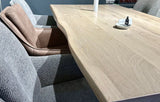 Baumkante Esstisch Stockholm Eiche massiv 180 bis 300 cm in 4 cm Holz weiß geölt & lackiert mit X Gestell 7 Größen