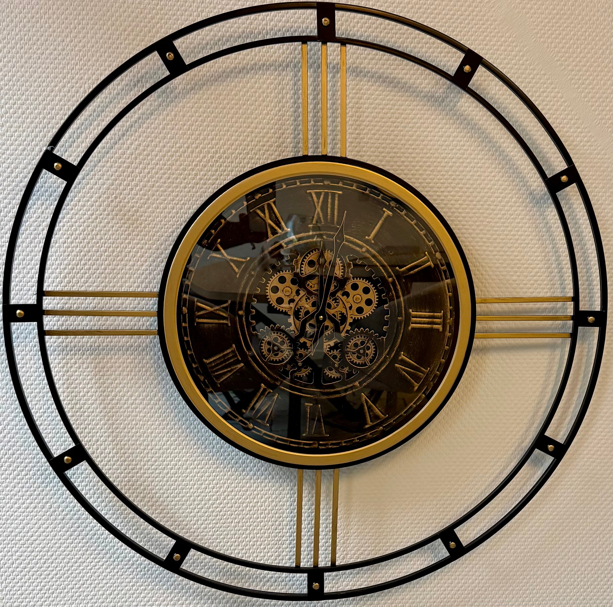 90 cm Wanduhr Nora mit Zahnrädern schwarz gold Wand Uhr Antik