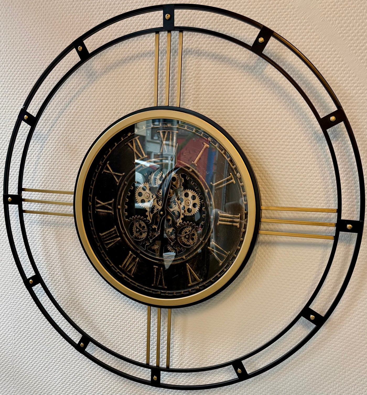 90 cm Wanduhr Nora mit Zahnrädern schwarz gold Wand Uhr Antik