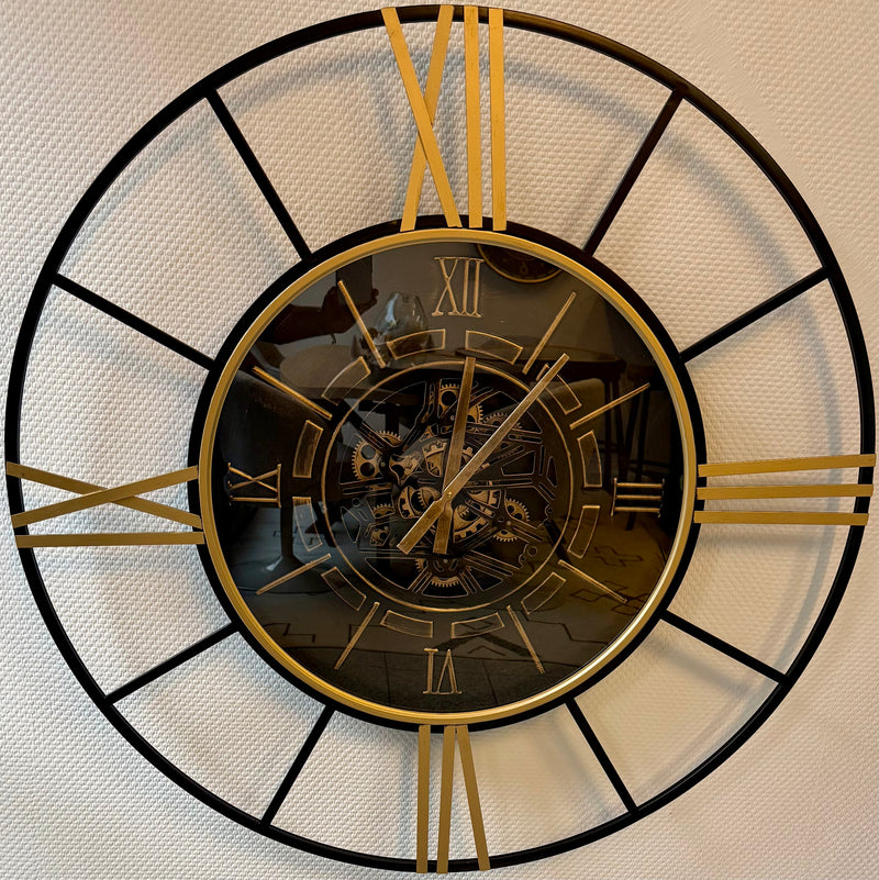 100 cm Wanduhr Noris mit Zahnrädern schwarz gold Wand Uhr Antik