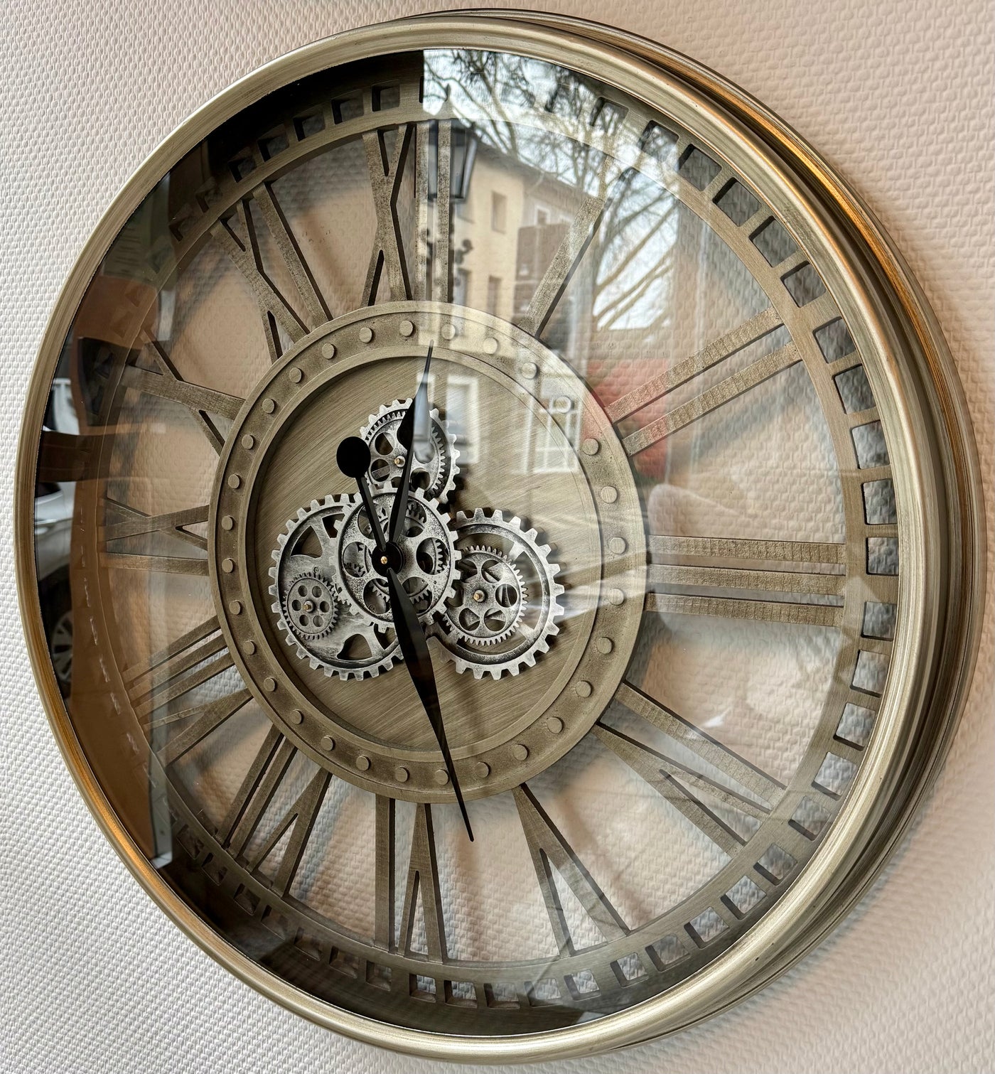 Horloge murale LEVINGSTON 80 cm Rouage Engrenage Animation argent gris laiton