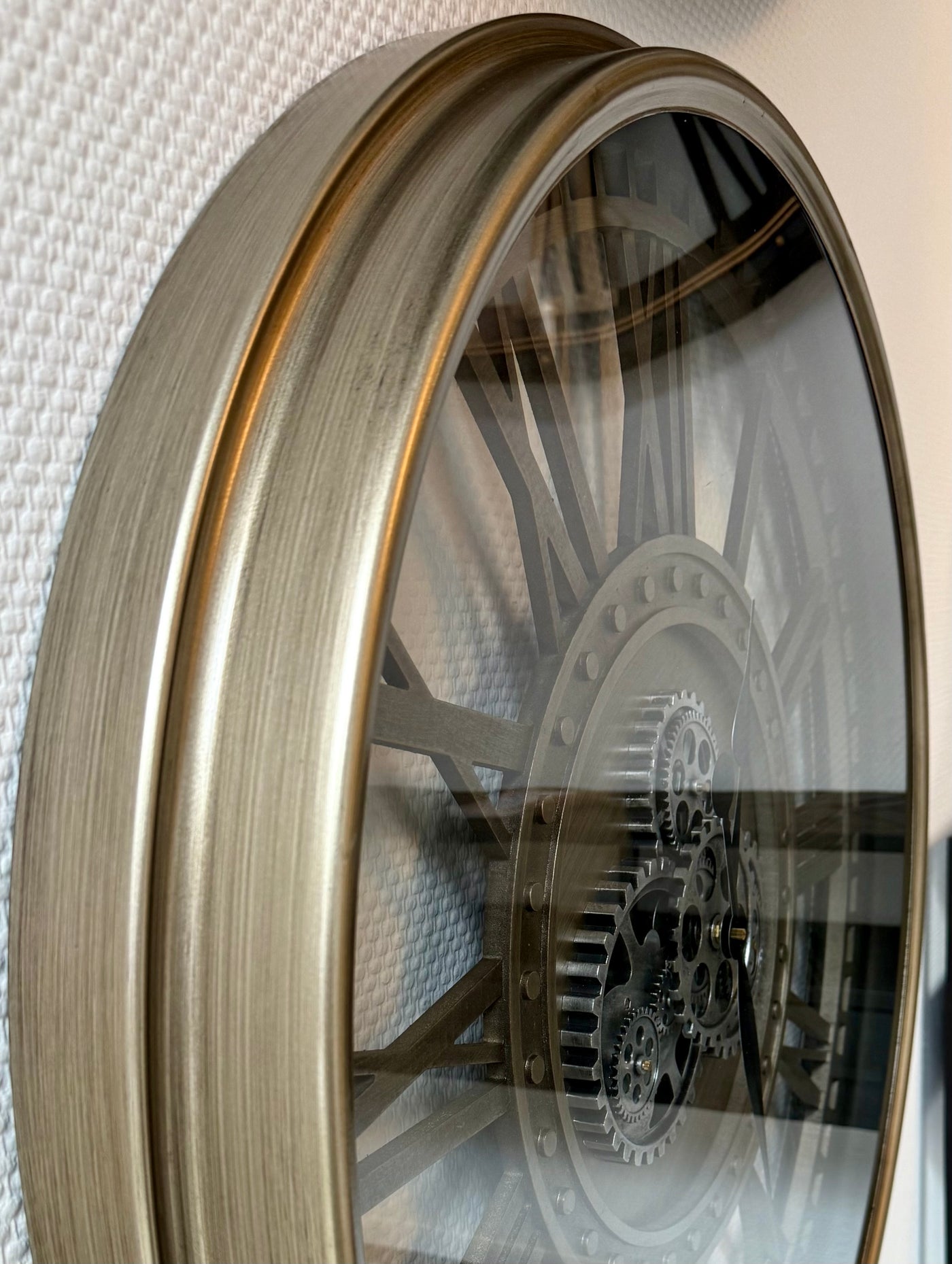 Horloge murale LEVINGSTON 80 cm Rouage Engrenage Animation argent gris laiton