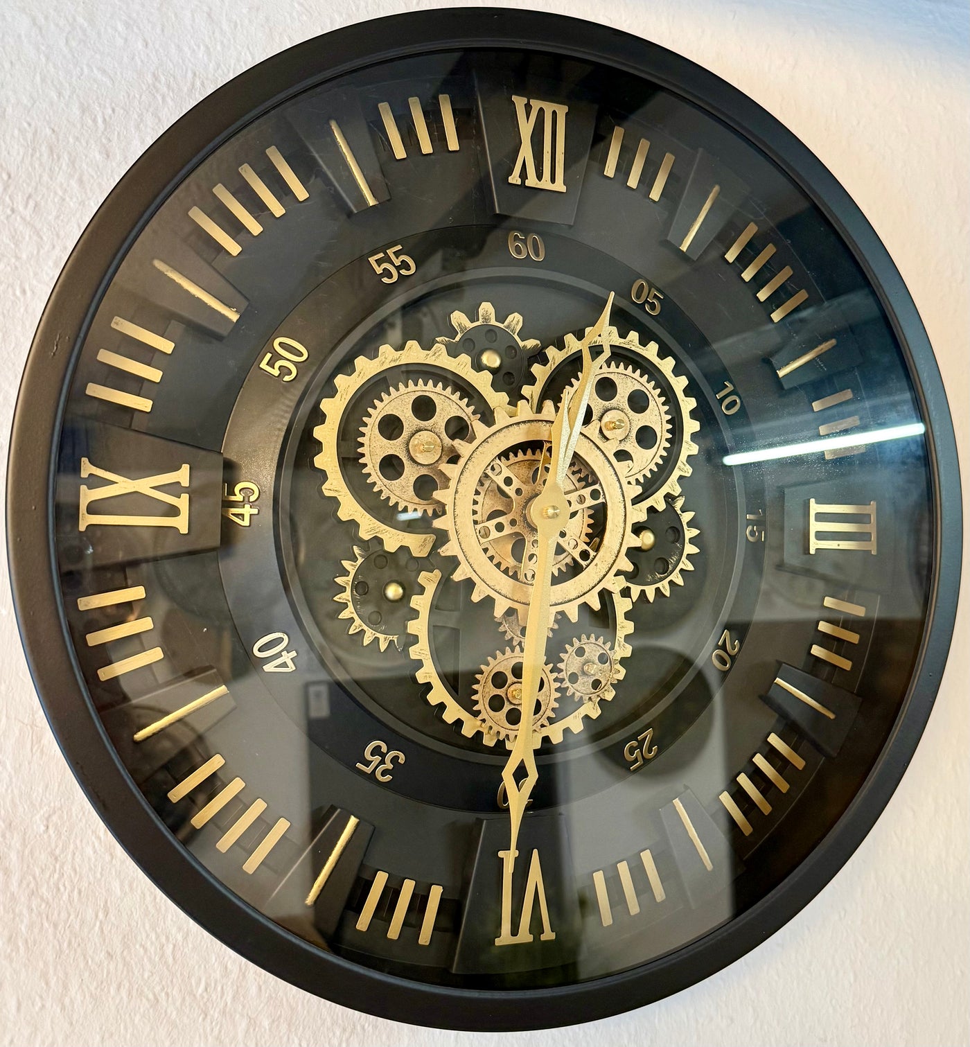 45 cm London Wanduhr schwarz gold  mit Zahnrädern