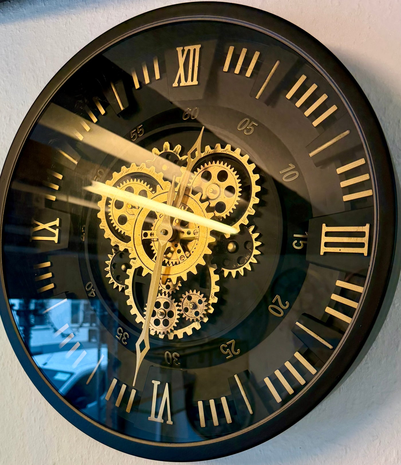 45 cm London Wanduhr schwarz gold  mit Zahnrädern