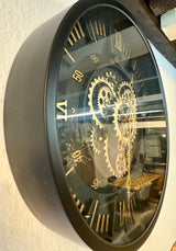 45 cm London Wanduhr schwarz gold  mit Zahnrädern