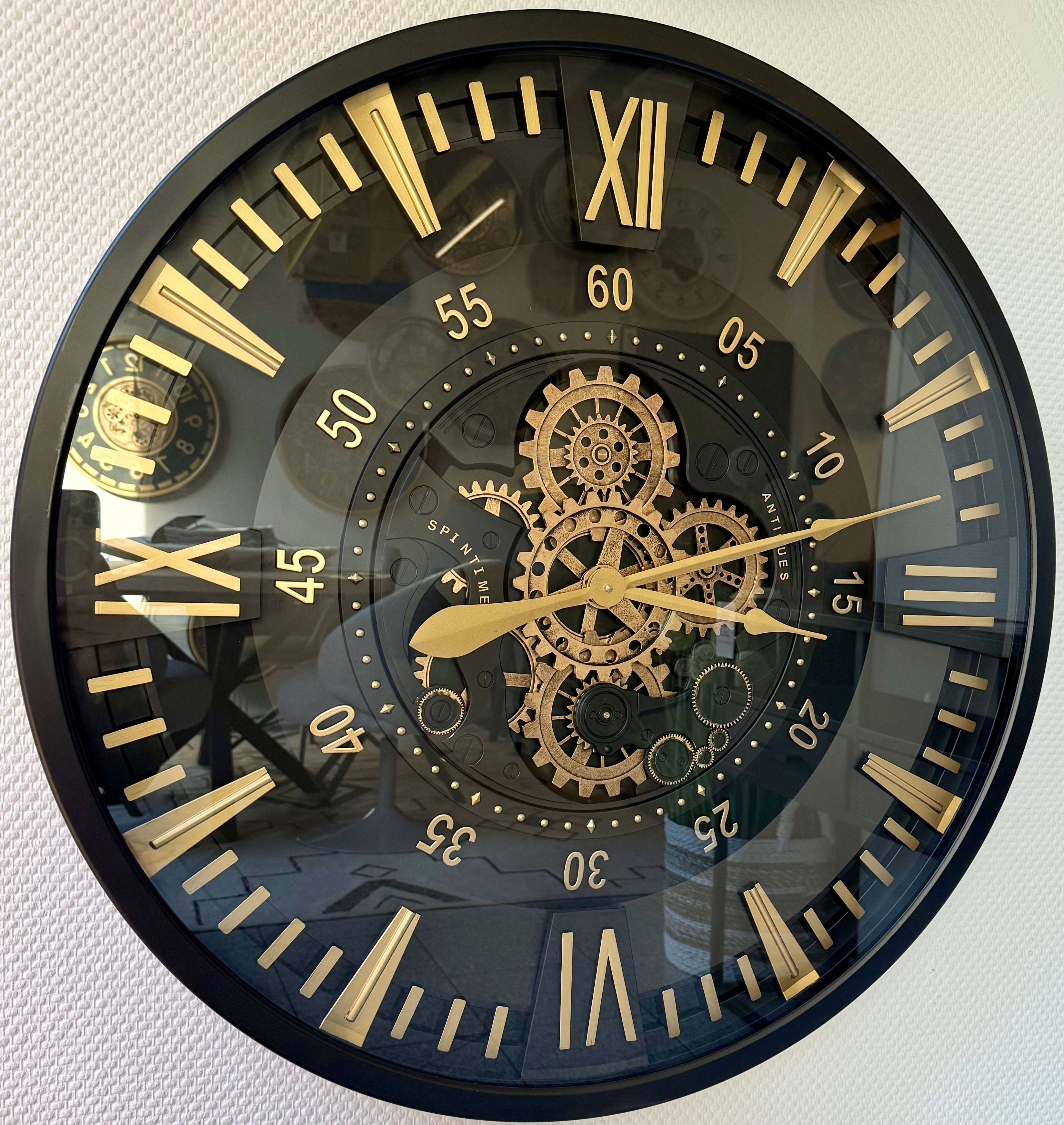 80 cm London XXL Wanduhr schwarz gold  mit Zahnrädern