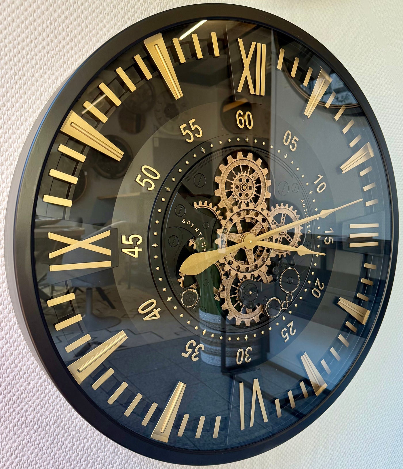 80 cm London XXL Wanduhr schwarz gold  mit Zahnrädern