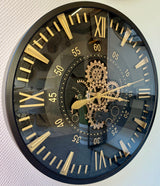 80 cm London XXL Wanduhr schwarz gold  mit Zahnrädern