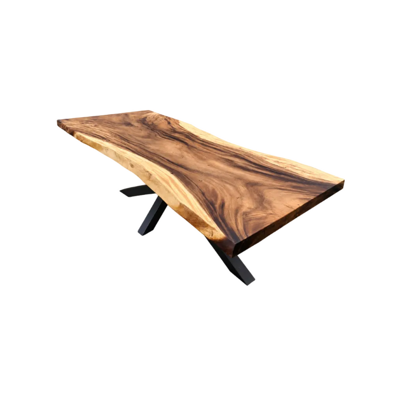 Table de salle à manger tronc d'arbre Mammut Suar 350 cm de long et 8 cm d'épaisseur avec piètement araignée de 240 cm