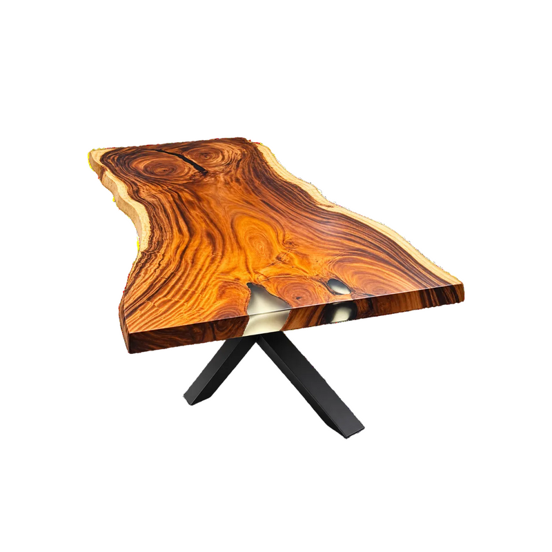 Table à manger Mammouth en bois de Suar Mungur, 210 cm de long et 8 cm d'épaisseur, avec piètement araignée