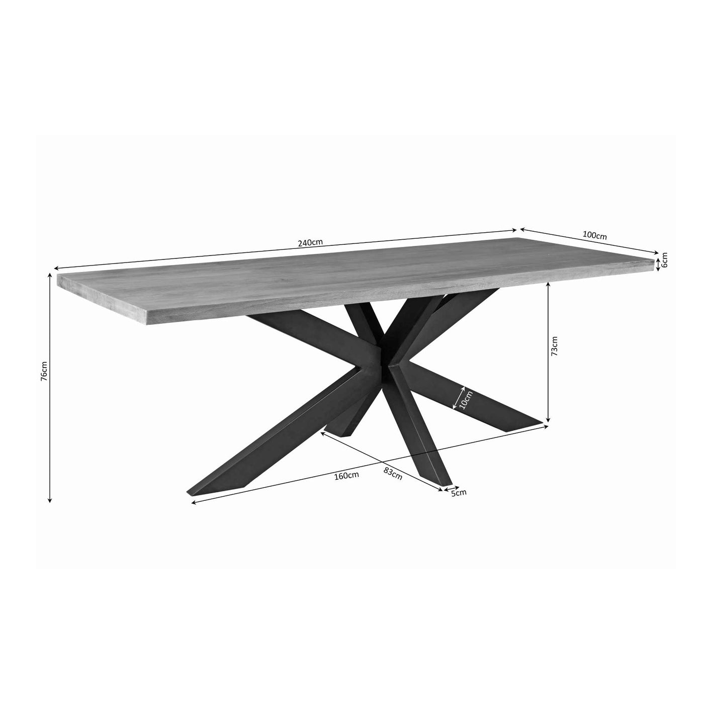 Table de salle à manger Denber en bois de manguier de 160 à 300 cm en 6 cm avec piètement araignée