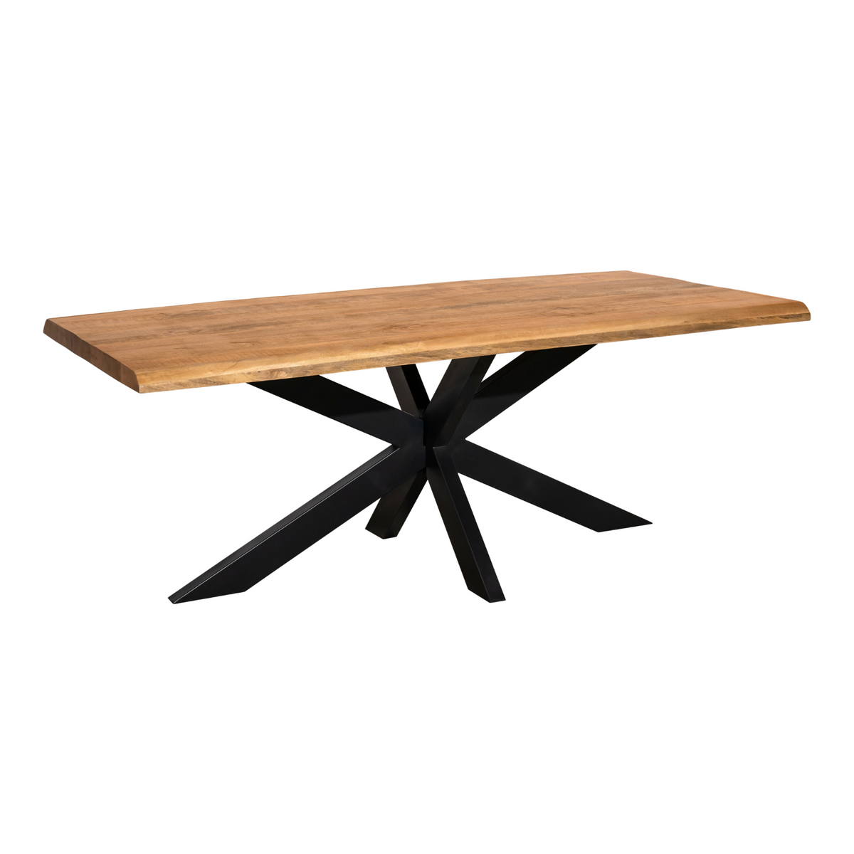 Esstisch Denber Baumkante Mangoholz hell 160 bis 300 cm in 6 cm mit Spider Gestell